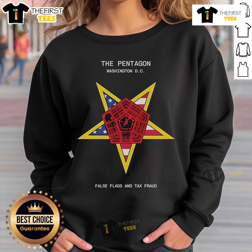 Top The Pentagon sweatshirt showcasing false flags and tax fraud design, perfect for statement fashion in Washington DC.