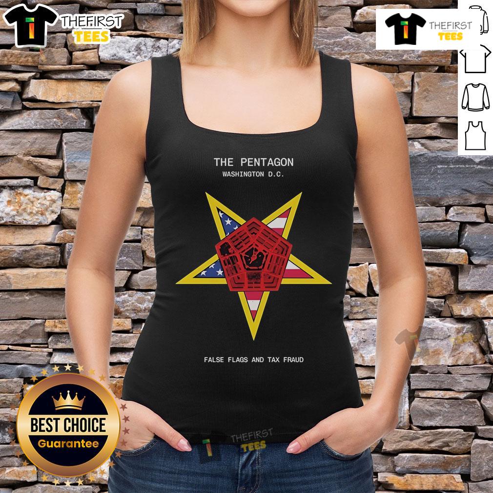 Top-The-Pentagon Washington DC tank top featuring bold graphics on false flags and tax fraud themes.