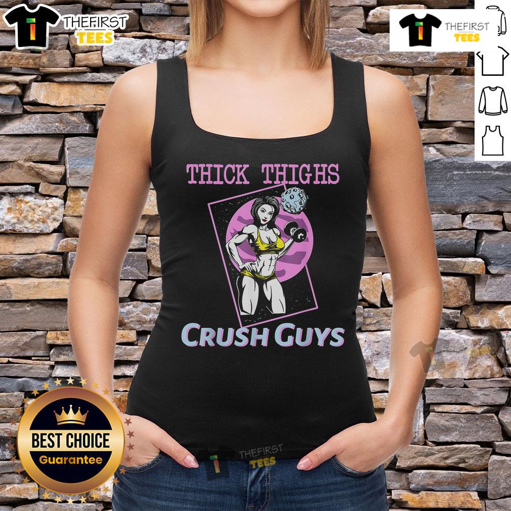Girl in a gym wearing a 'Top Thick Thighs Crush Guys' tank top, showcasing fitness and style.