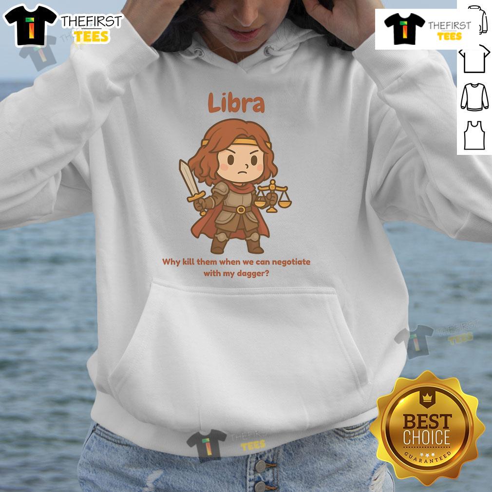Cute Libra the Fighter hoodie design featuring a whimsical dagger and negotiation theme, perfect for zodiac lovers.