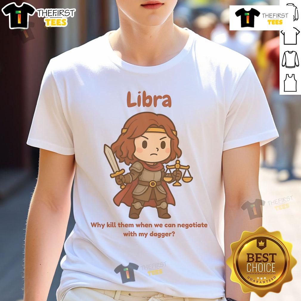 Alt Text: Cute Libra The Fighter T-Shirt featuring a playful dagger design, promoting negotiation over conflict.