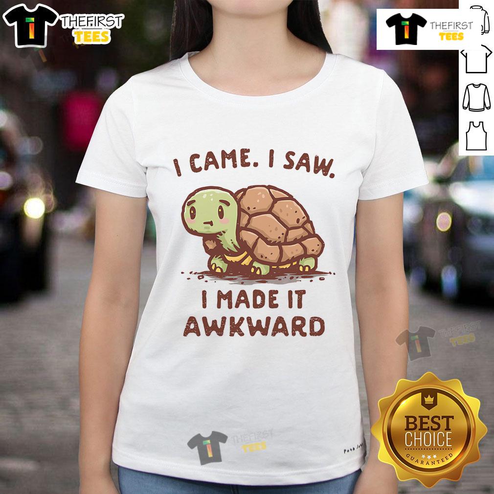 Alt Text: Cute turtle graphic on a ladies tee with the phrase I Came, I Saw, I Made It Awkward for fun casual wear.