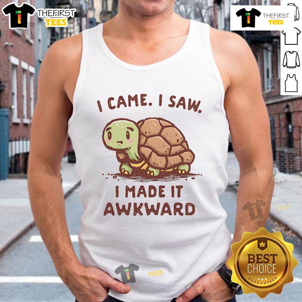 Adorable turtle graphic on a tank top with 'I Came, I Saw, I Made It Awkward' text design for fun summer style.