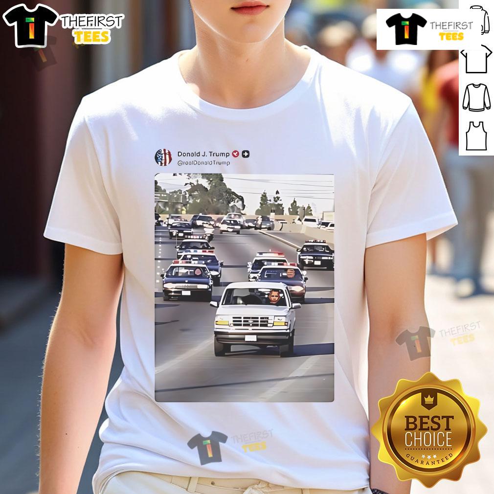 Funny Real Trump and Vance chasing Obama in police cars T-Shirt design, perfect for political humor fans.