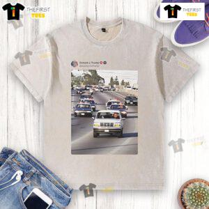 Funny real Trump and Vance chasing Obama in police cars on a washed T-shirt, showcasing a humorous political scene.