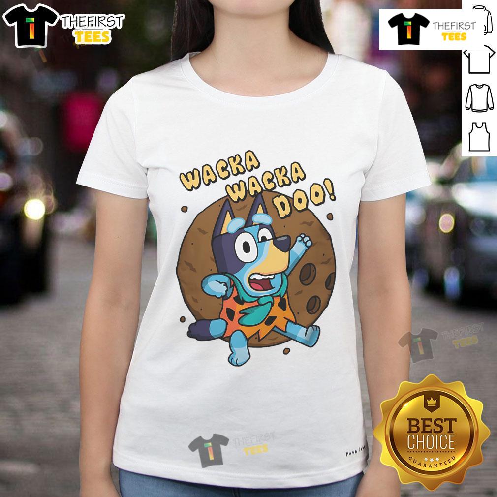 Bluey Caveman Ladies Tee featuring a funny Wacka Wacka Doo design, perfect for playful and casual outfits.