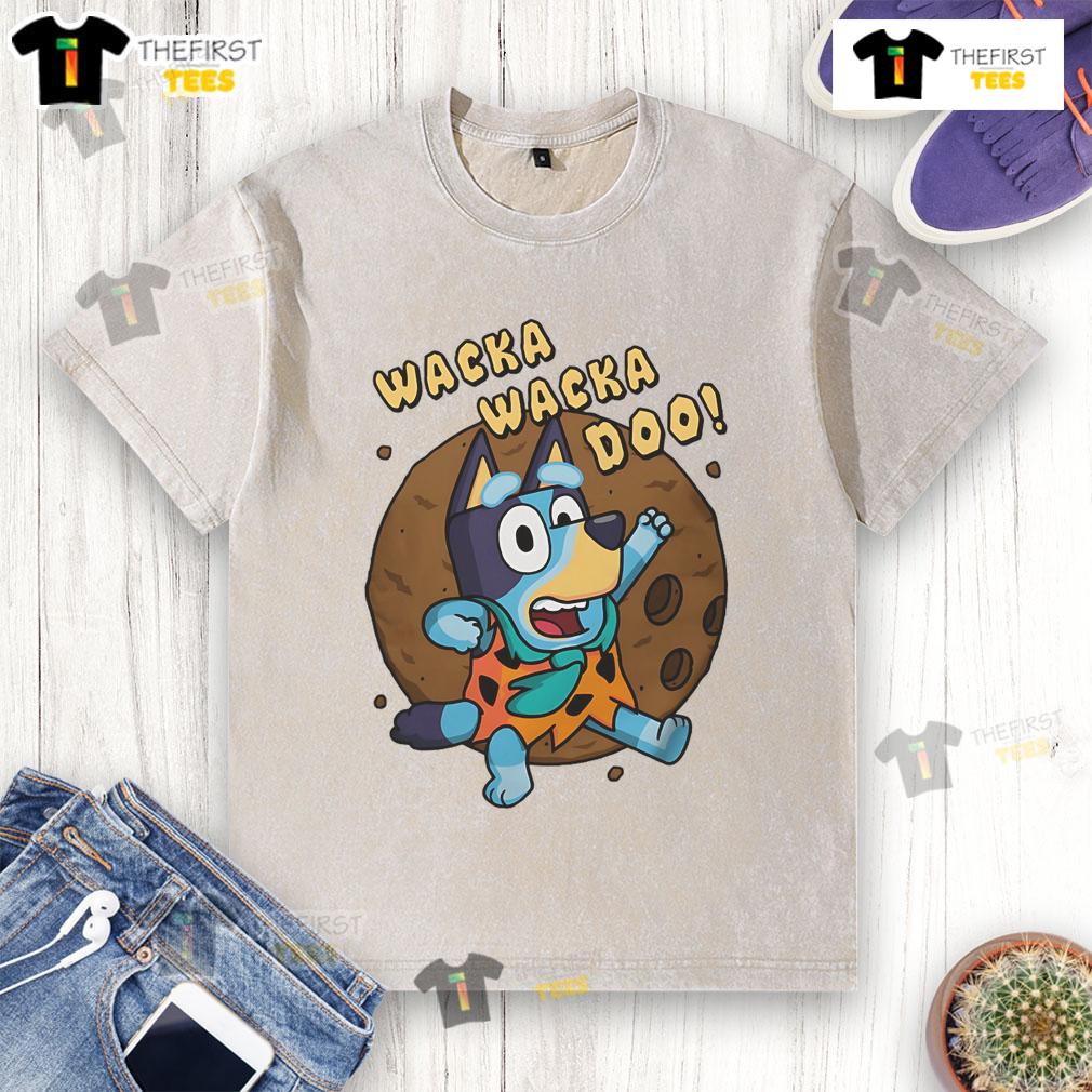 Funny Wacka Wacka Doo Bluey Caveman washed t-shirt featuring a playful cartoon design for kids' casual wear.