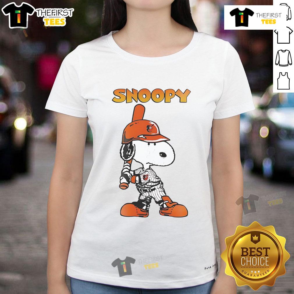 Alt Text: Good Baltimore Orioles Snoopy Player Ladies Tee featuring a fun Snoopy graphic for baseball fans.