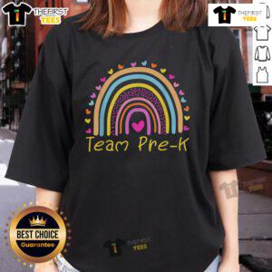 Good First Day of Team Pre-K Squad Crew Teacher Rainbow Ladies Tee showcasing vibrant colors and playful design.