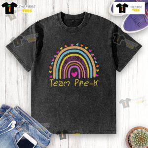 Colorful 'Good First Day of Team Pre-K Squad Crew' t-shirt featuring a vibrant rainbow design, perfect for teachers.