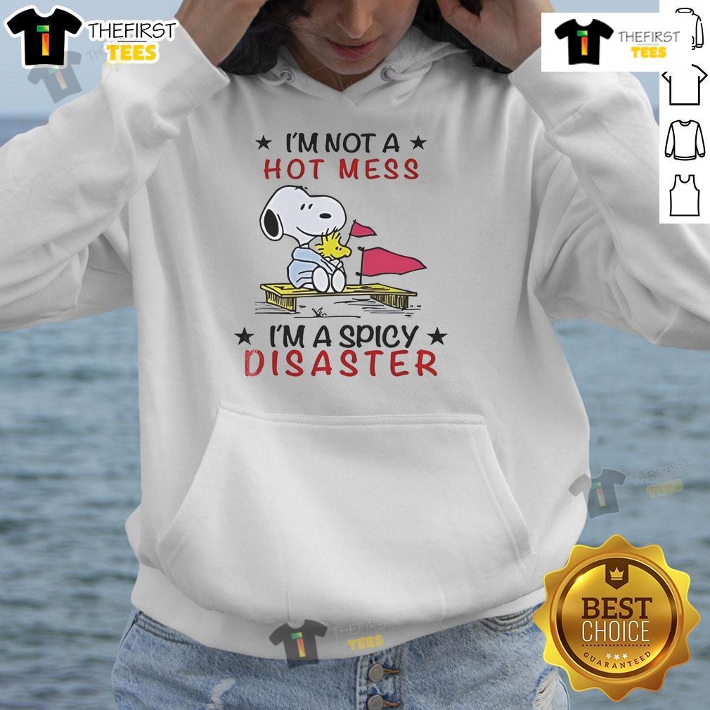 Good Snoopy and Woodstock hoodie with 'I'm Not a Hot Mess, I'm a Spicy Disaster' design, perfect for casual wear.
