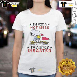 Alt Text: Good Snoopy and Woodstock graphic on a ladies tee, featuring 'I'm Not a Hot Mess, I'm a Spicy Disaster' slogan.
