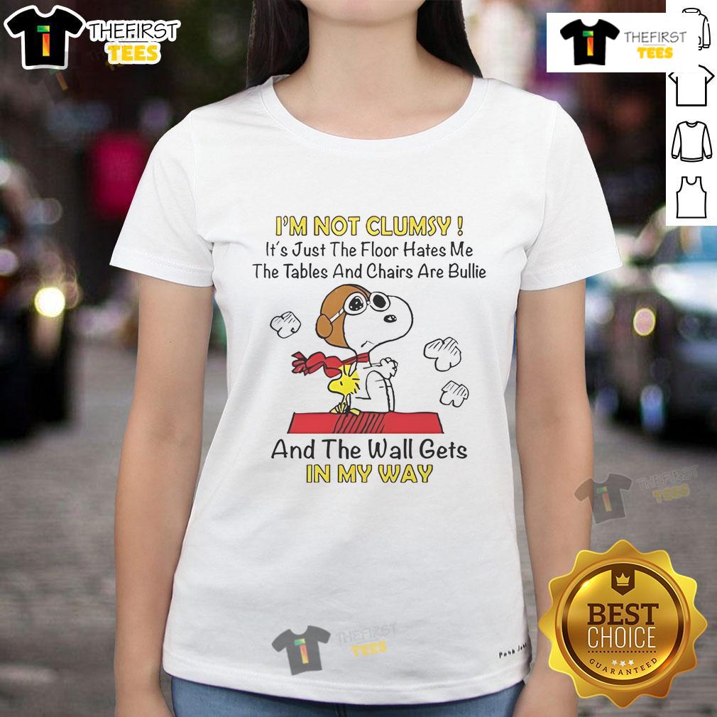 Good Snoopy and Woodstock tee with 'I'm Not Clumsy, It's Just The Floor Hates Me' quote for ladies' casual wear.