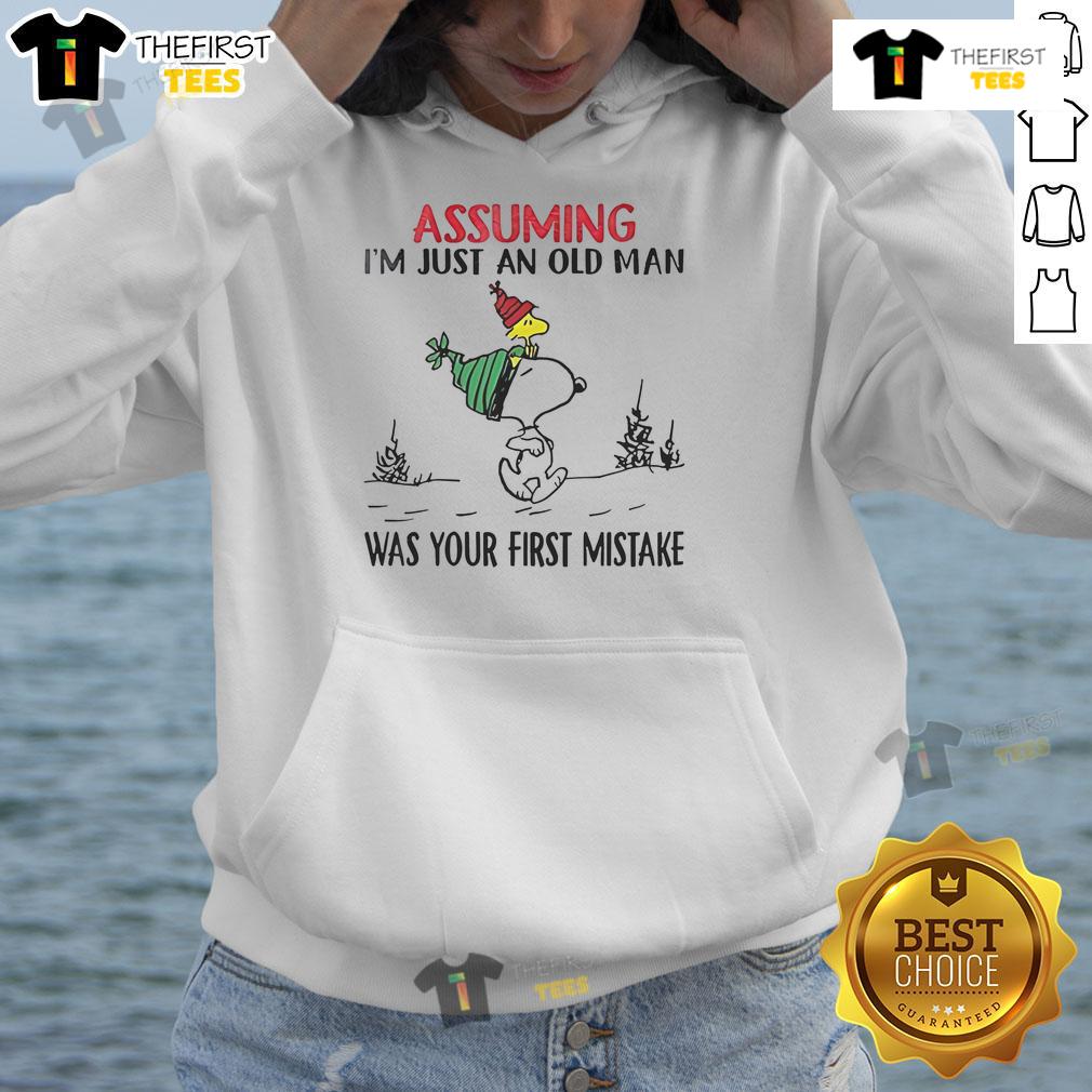Good Snoopy hoodie featuring 'Assuming I'm Just an Old Man Was Your First Mistake' design, perfect for fans of classic comics.