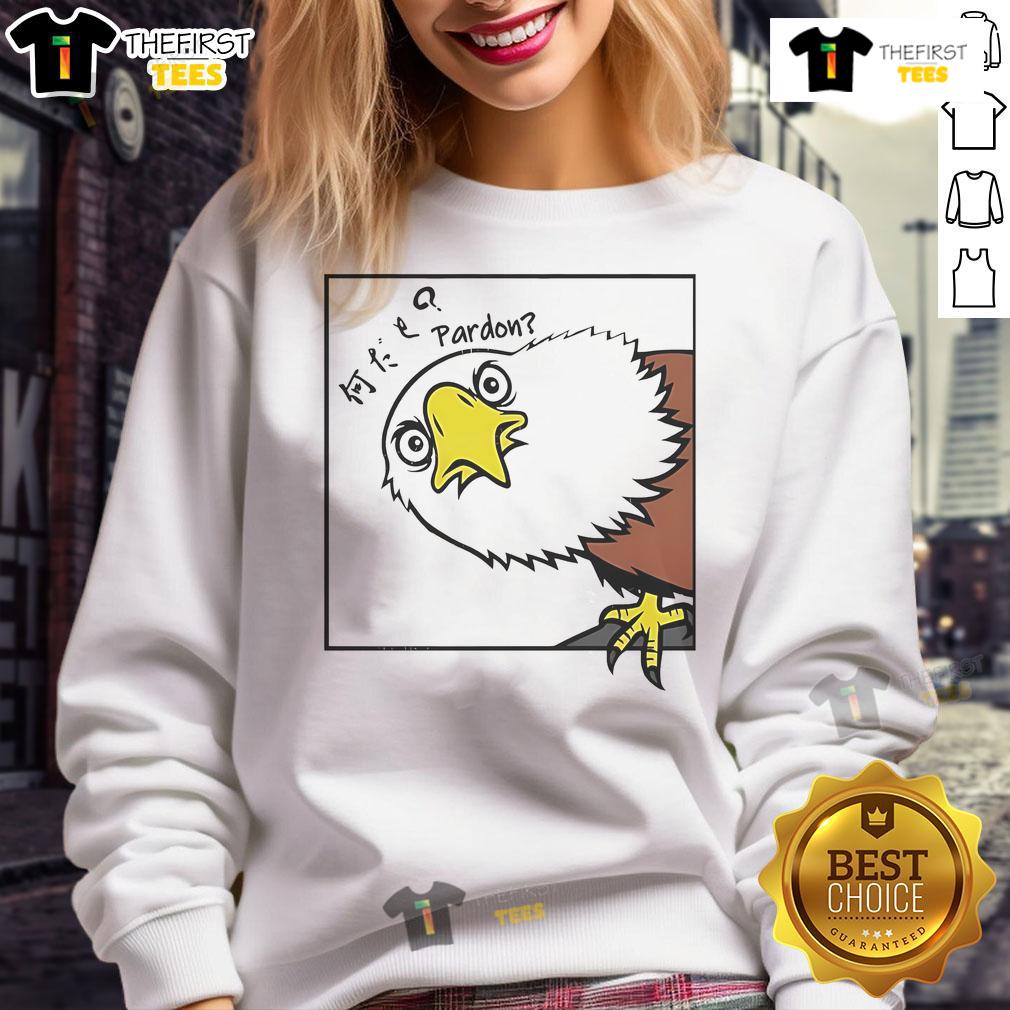 Nice curious eagle design on a Japanese style sweatshirt, featuring vibrant colors and intricate details.
