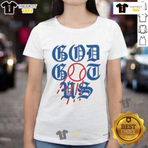 Los Angeles Dodgers ladies tee featuring 'Nice God Got Us' design, perfect for fans and stylish game day wear.