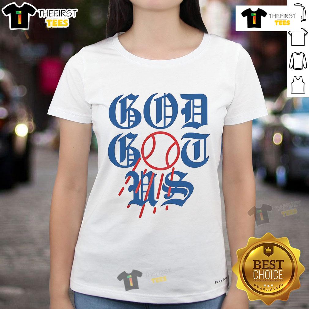 Los Angeles Dodgers ladies tee featuring 'Nice God Got Us' design, perfect for fans and stylish game day wear.