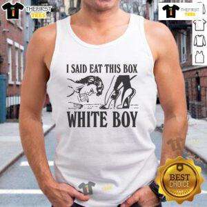 White boy tank top featuring 'Nice, I said eat this' graphic, perfect for casual summer outfits and playful fashion statements.