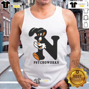 Nice Rabbit Psychoworks tank top displayed on a model, showcasing its vibrant design and comfortable fit.