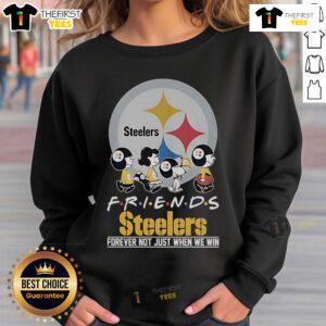 Alt Text: Snoopy and Peanuts characters on a Pittsburgh Steelers sweatshirt, celebrating friendship in sports, 'Friends Forever' design.