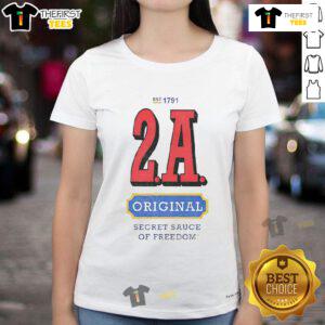 Official 2A Original Secret Sauce of Freedom Ladies Tee featuring a stylish design for Second Amendment supporters.