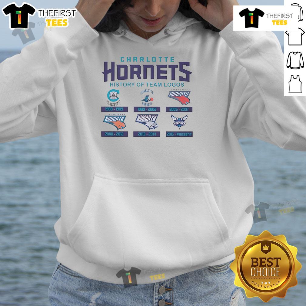 Official Charlotte Hornets History of Team Logos Hoodie showcasing iconic team logos in vibrant colors.