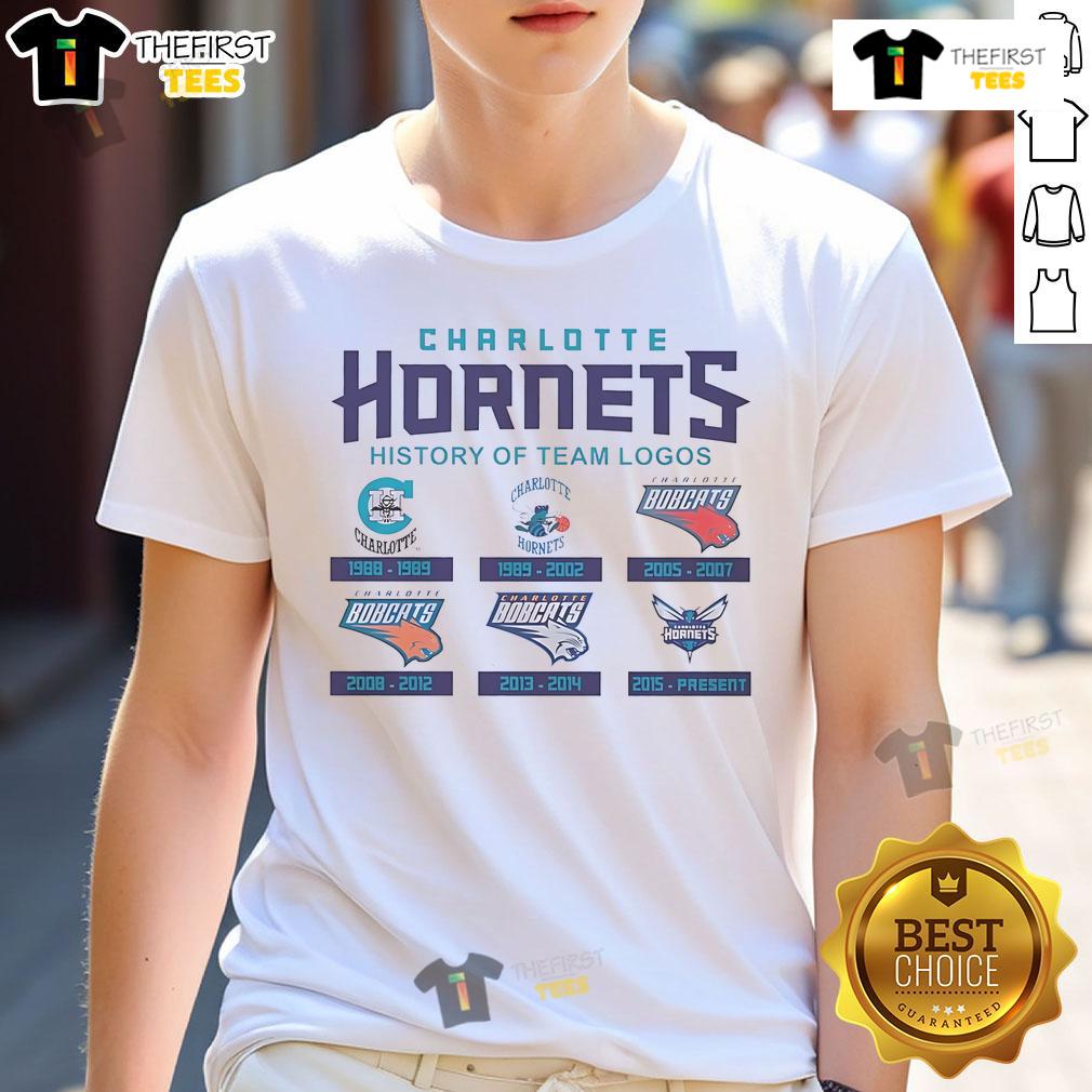 Official Charlotte Hornets History of Team Logos T-Shirt featuring iconic logo designs and vibrant team colors.
