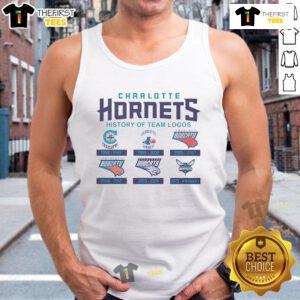 Official Charlotte Hornets history of team logos tank top featuring iconic designs and vibrant colors.