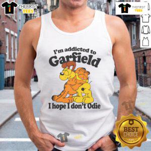 Alt Text: Orange cat tank top featuring 'I'm Addicted to Orange Cats, Hope I Don't Odie' design for cat lovers.