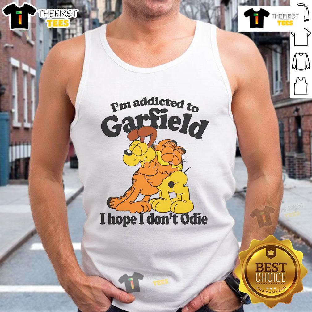 Alt Text: Orange cat tank top featuring 'I'm Addicted to Orange Cats, Hope I Don't Odie' design for cat lovers.