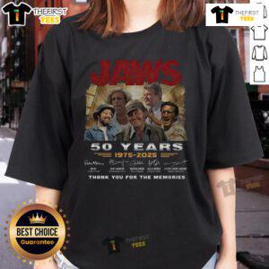 Alt Text: Official Jaws 50 Years 1975-2025 signature ladies tee celebrating the iconic film's legacy and fan memories.