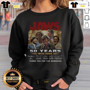 Alt Text: Official Jaws 50 Years 1975-2025 sweatshirt featuring Thank You For The Memories signature design.