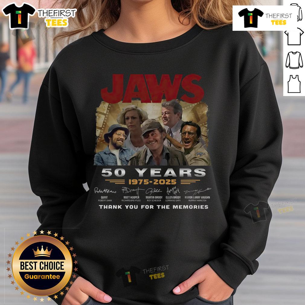 Alt Text: Official Jaws 50 Years 1975-2025 sweatshirt featuring Thank You For The Memories signature design.