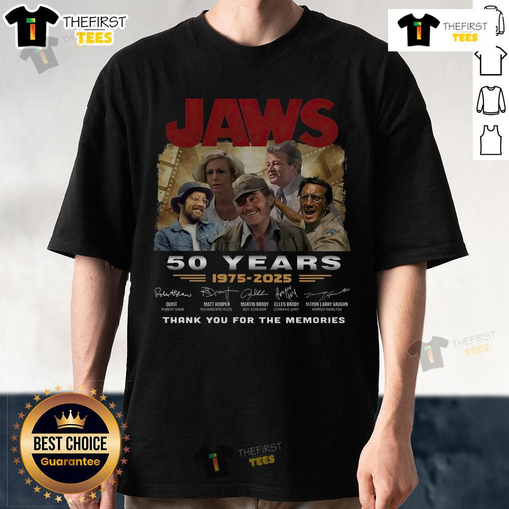 Official Jaws 50 Years 1975-2025 T-Shirt featuring signatures, celebrating the iconic film's anniversary.