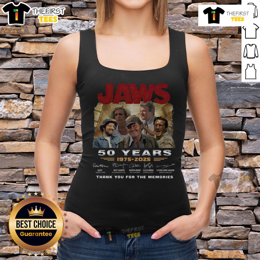 Official Jaws 50 Years 1975-2025 signature tank top celebrating the classic film's legacy and memorable moments.