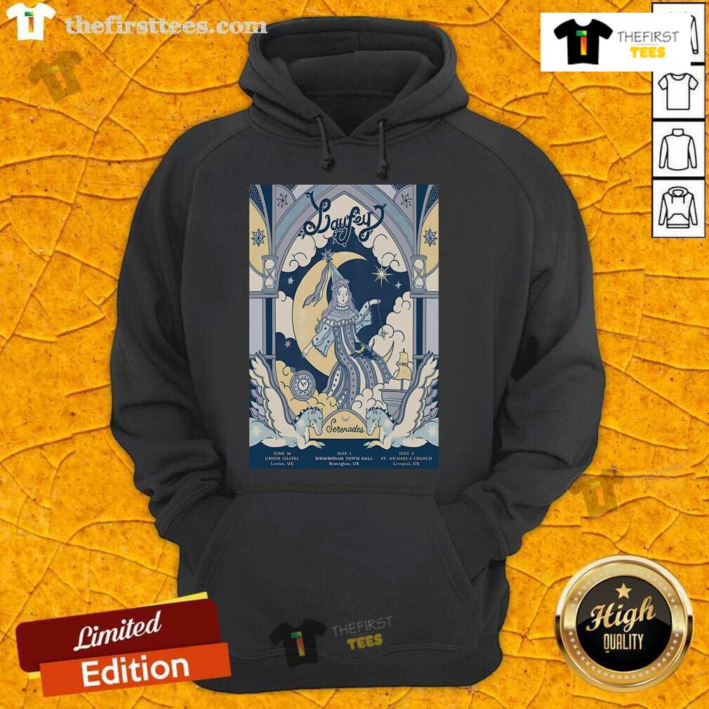 Official Laufey July 3, 2025 concert poster hoodie featuring St. Michaels Church, Liverpool, UK design.