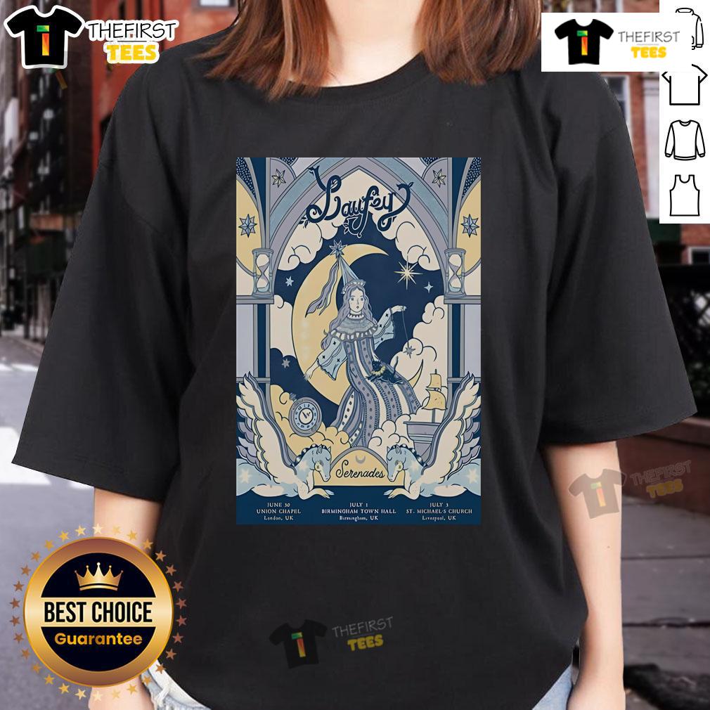 Official Laufey July 3, 2025 St. Michaels Church Liverpool UK poster for ladies tee featuring vibrant concert graphics.