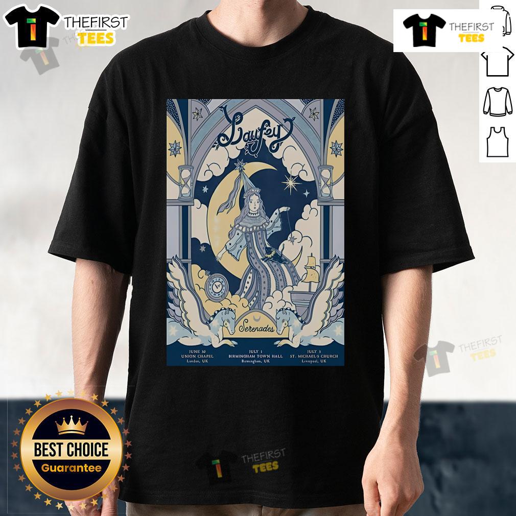 Official Laufey July 3 2025 St. Michael's Church Liverpool UK poster t-shirt featuring vibrant design and concert details.