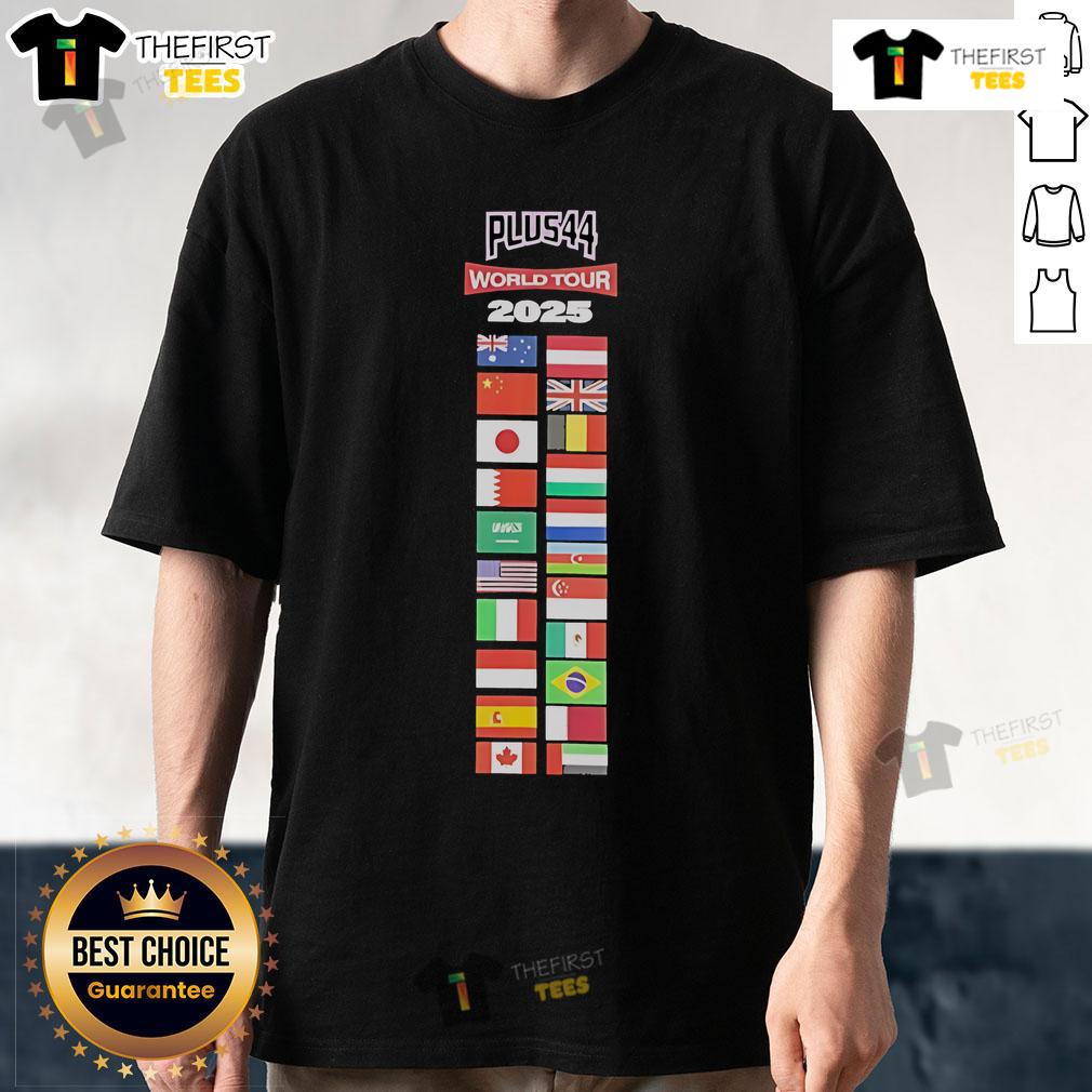 Official Lewis Hamilton Plus44 World Tour 2025 Flags T-Shirt featuring vibrant flags and iconic design for fans.