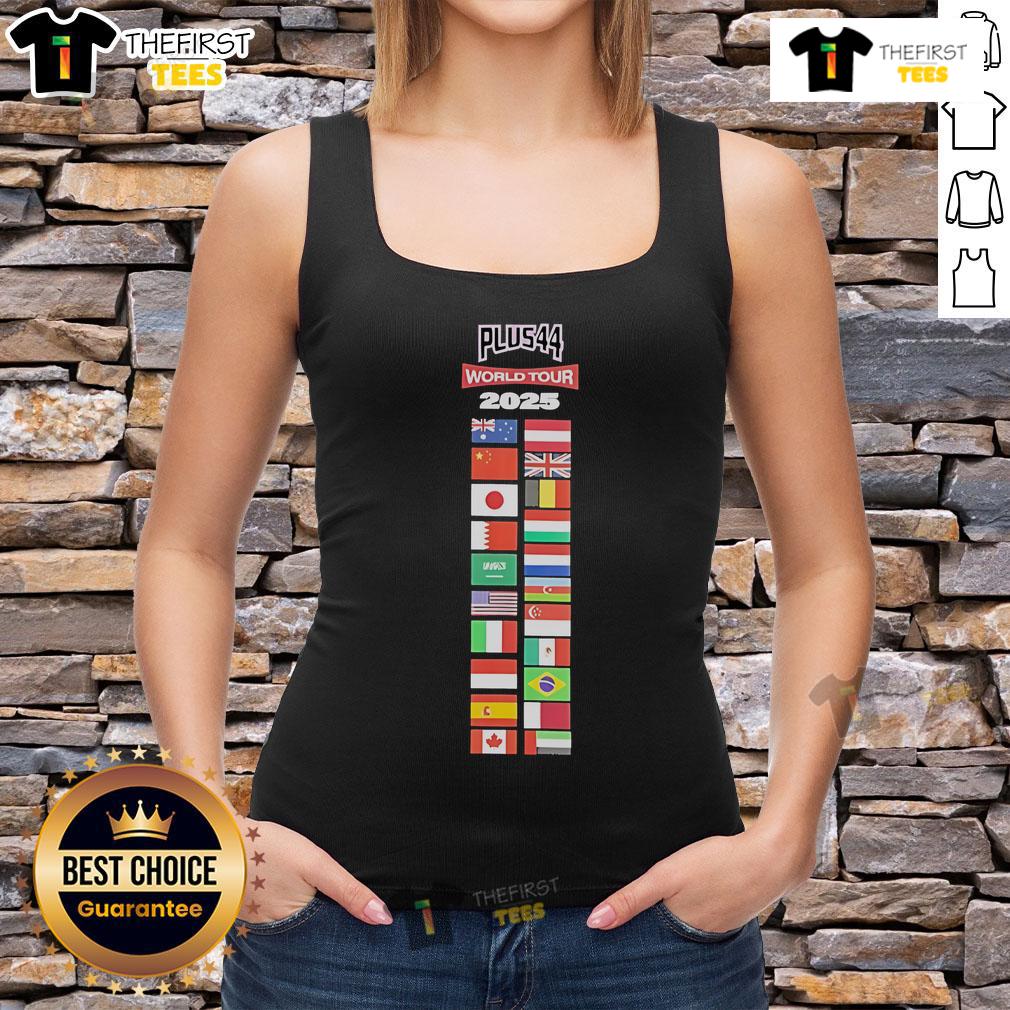 Alt Text: Official Lewis Hamilton Plus44 World Tour 2025 tank top featuring vibrant flags design, perfect for fans and fashion.