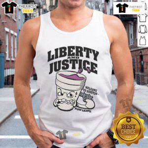 Official Liberty and Justice Welcome to Houston Now Leave tank top, featuring vibrant design and comfortable fit for casual wear.