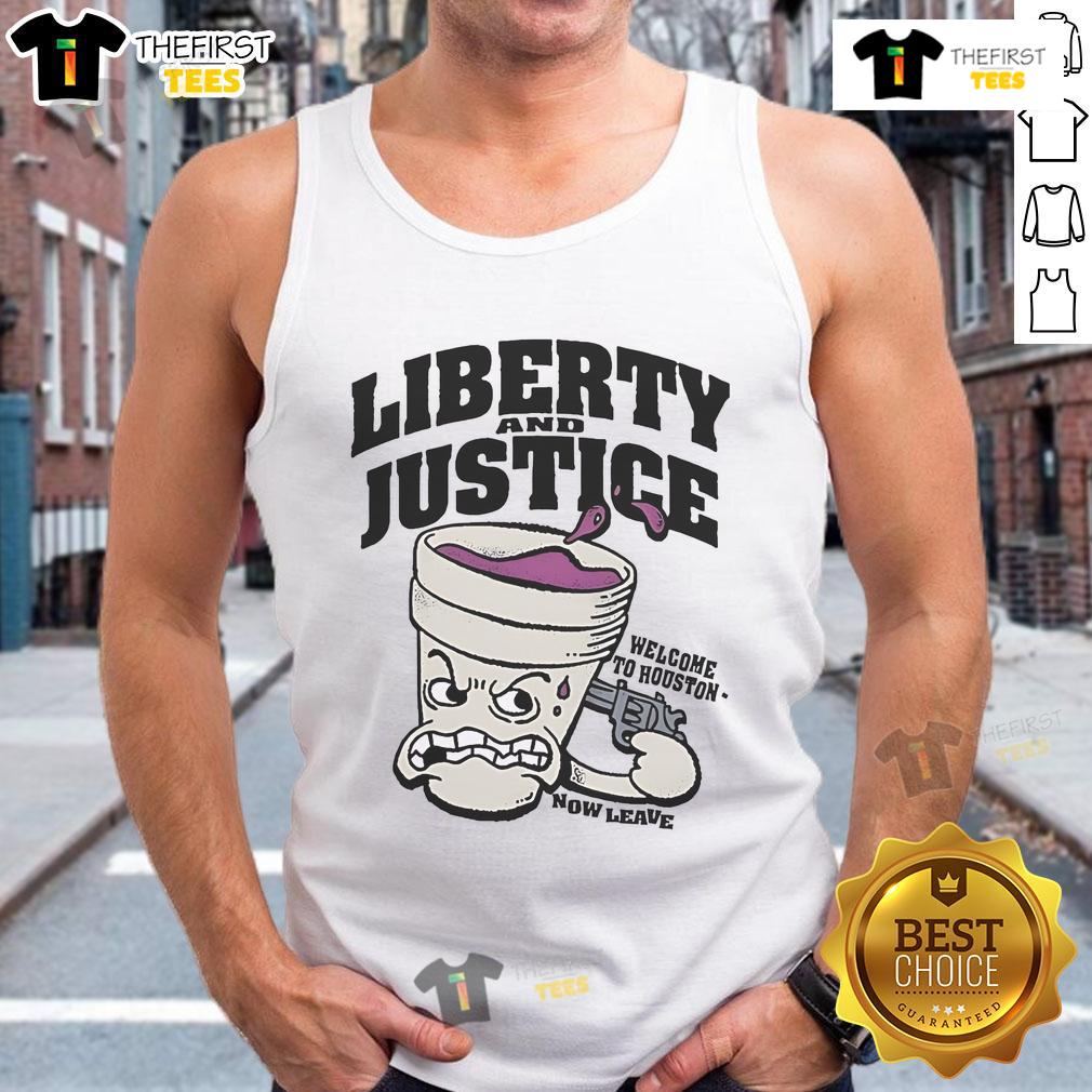 Official Liberty and Justice Welcome to Houston Now Leave tank top, featuring vibrant design and comfortable fit for casual wear.
