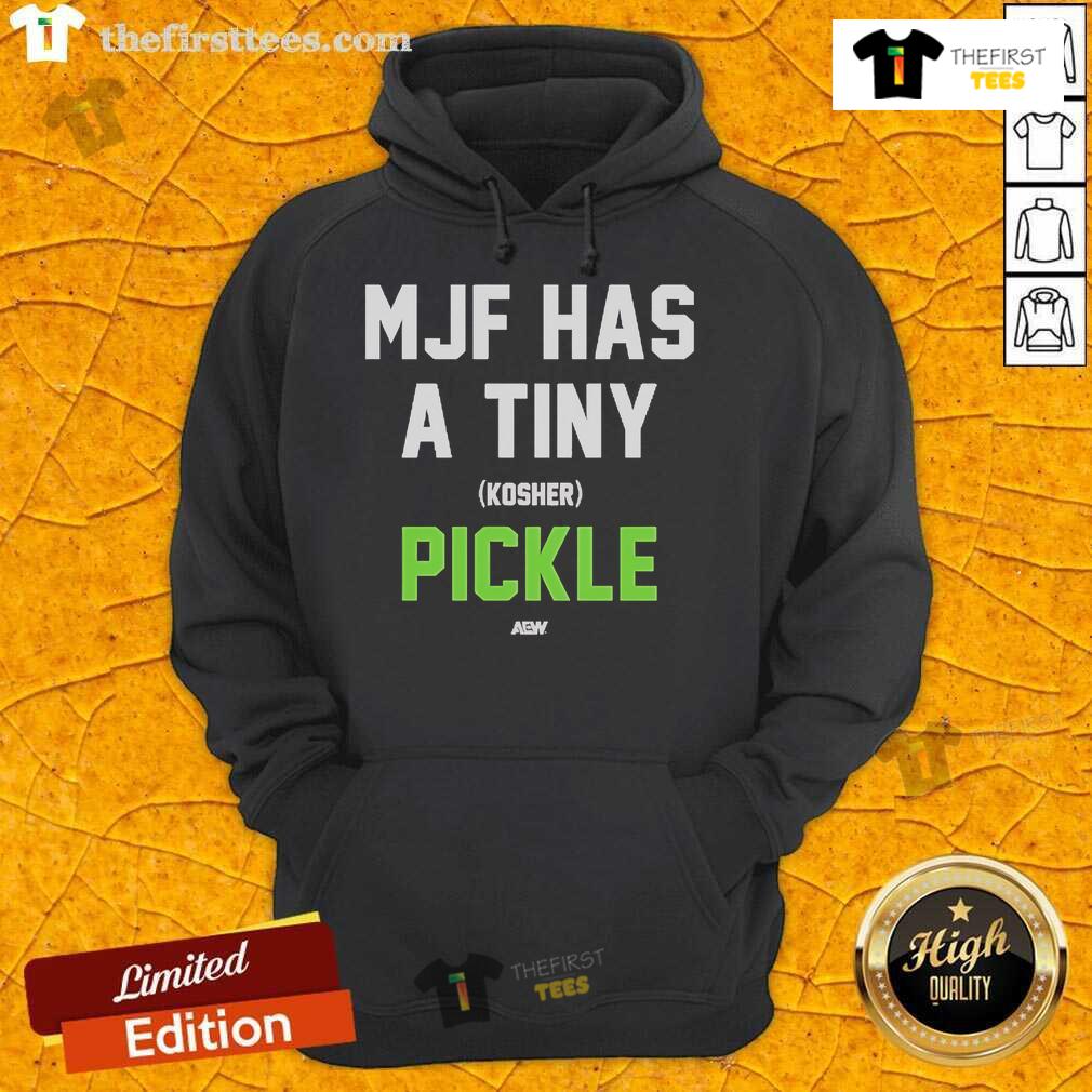 Official MJF hoodie featuring a tiny kosher pickle design, perfect for fans of wrestling and unique fashion.