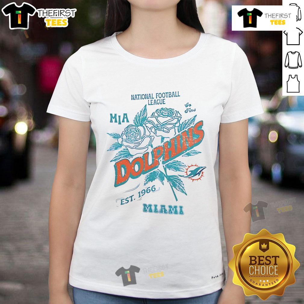 Official Miami Dolphins ladies tee, featuring the NFL logo and established 1966, perfect for fans of the football team.