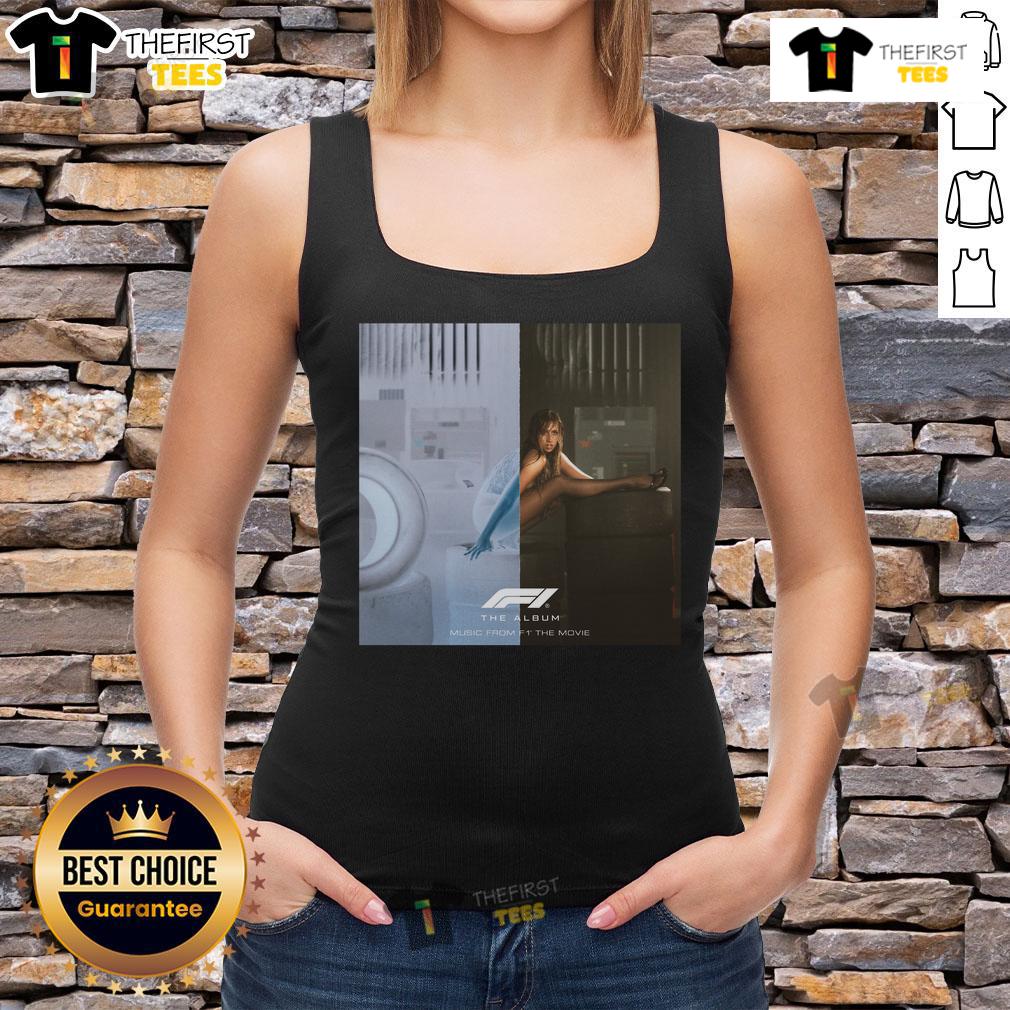 Alt Text: Official Tate McRae Just Keep Watching album tank top featuring vibrant graphics and F1 movie branding.