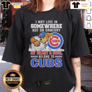 Chicago Cubs mascot ladies tee celebrating devotion to the team on game day, perfect for passionate fans.