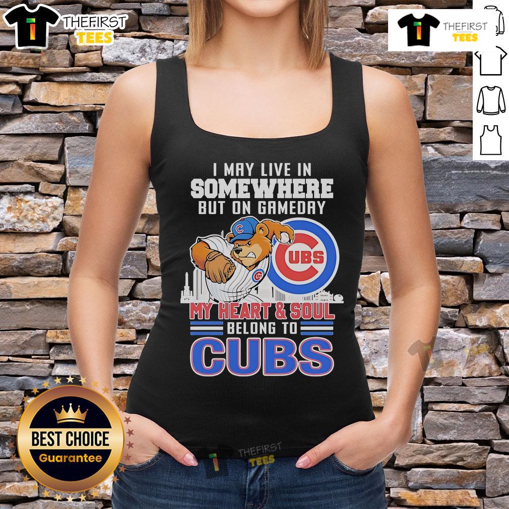 Chicago Cubs mascot tank top featuring 'On Gameday My Heart and Soul Belong to Chicago Cubs' design.