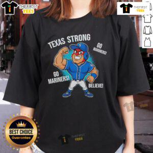 Alt Text: Original Seattle Mariners Texas Strong Mariner Moose mascot cartoon on a women's tee shirt design.