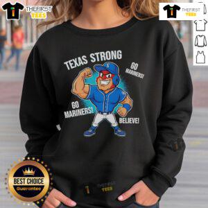 Alt Text: Original Seattle Mariners Texas Strong Mariner Moose mascot cartoon sweatshirt featuring vibrant colors and playful design.