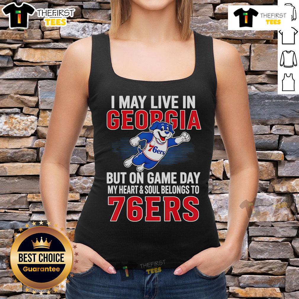 Pretty tank top featuring 'I may live in Georgia but my heart belongs to the Philadelphia 76ers' design, perfect for game day.